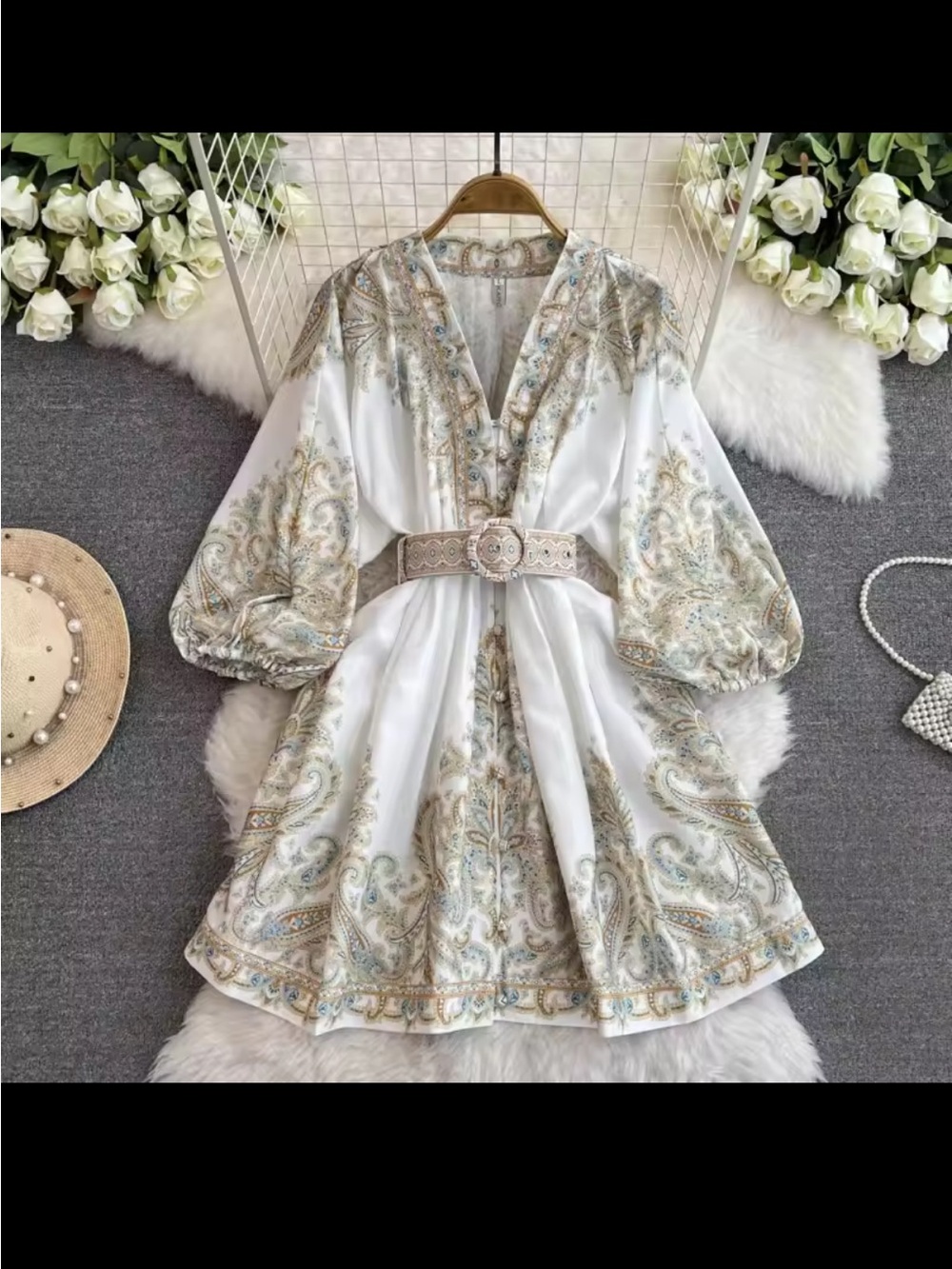 Boho NWOT V-Neck Mini Dress in Ivory with Teal & Tan Paisley